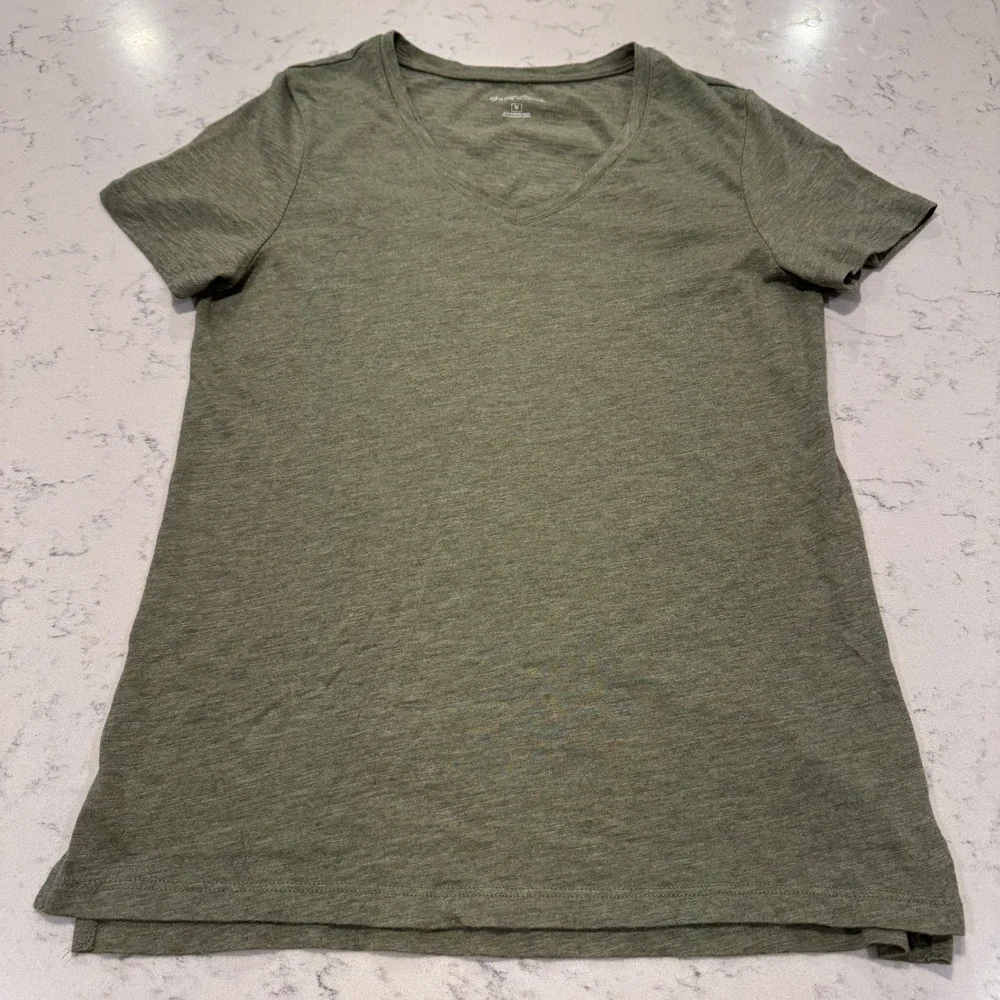 Eddie Bauer V-Neck Tee Women M Olive Green Heather Cotton Modal Short Sleeve
